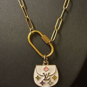 LV White and Multicolor Charm Zipper Pull with Gold Plated Necklace